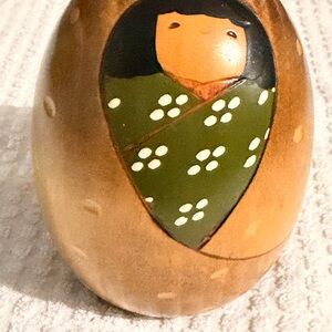 Hand-Painted Kokeshi Doll Wooden Egg - Olive Green Floral Kimono